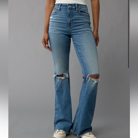 American Eagle Outfitters Denim - AE Next Level Super High-Waisted Ripped Flare Jean